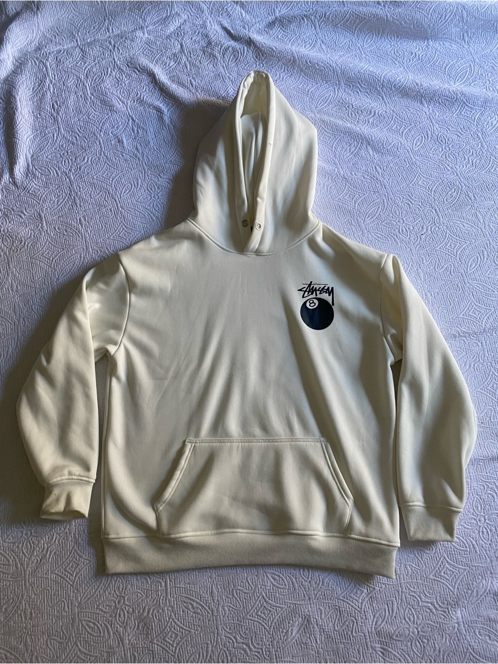 Stussy Cream Crewneck Hoodie with 8-Ball Chest Graphic